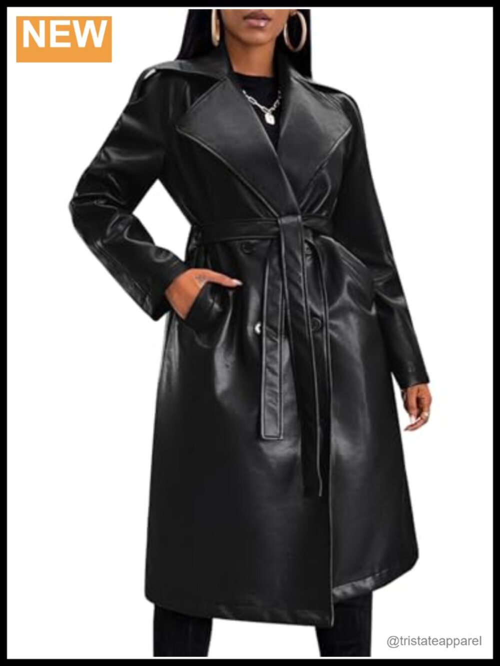 Faux Leather Trench Coat Long Loose Belted Jacket Women